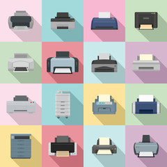 Printer office copy document icons set. Flat illustration of 16 printer office copy document vector icons for web