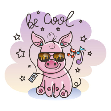 Cute cartoon baby pig in a cool sunglasses