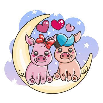 Cute cartoon baby pigs in love on a Moon