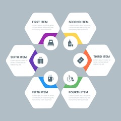 Flat geometric food, health, hotel, drinks infographic steps template with 6 options for presentations, advertising, annual reports.