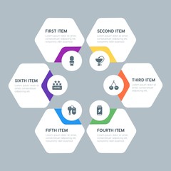 Flat geometric food, health, hotel, drinks infographic steps template with 6 options for presentations, advertising, annual reports.