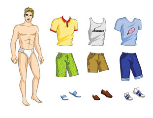 Vector illustration of paper doll man with set of stylish summer clothes and shoes. Handsome guy with trendy outfit