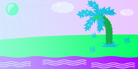 Illustration of a beach with a palm tree and sun. Abstract illustration with beach, psychedelic