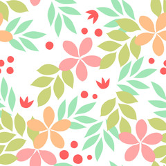 Colorful simple exotic leaves and flowers and berries seamless pattern, vector