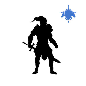 Black silhouette of medieval knight. Fantasy character. Games icon of paladin with sword. Isolated drawing of warrior