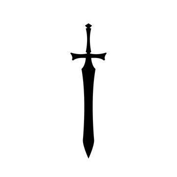 Black silhouettes of medieval knight sword on white background. Paladin weapon icon. Fantasy warrior equipment. Vector illustration
