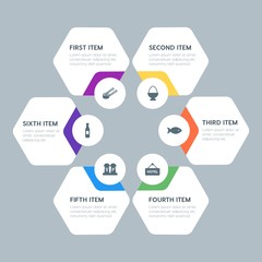 Flat geometric food, health, hotel, drinks infographic steps template with 6 options for presentations, advertising, annual reports.