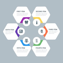 Flat geometric food, health, hotel, drinks infographic steps template with 6 options for presentations, advertising, annual reports.