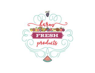 Fruits and vegetables, vegetarian banner Farmer Fresh , isolated color vector icons.