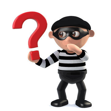 3d Funny cartoon criminal burglar character holding a question mark symbol