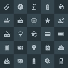 Modern Simple Set of money, mobile, email, shopping Vector fill Icons. Contains such Icons as  letter,  internet,  vintage,  button, bag and more on dark background. Fully Editable. Pixel Perfect.