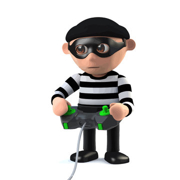 3d Funny cartoon burglar character plays a videogame