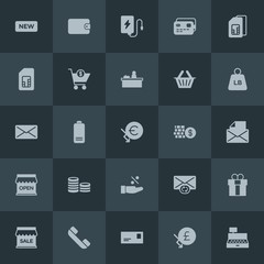 Modern Simple Set of money, mobile, email, shopping Vector fill Icons. Contains such Icons as  energy,  label, envelope,  wallet, phone, new and more on dark background. Fully Editable. Pixel Perfect.