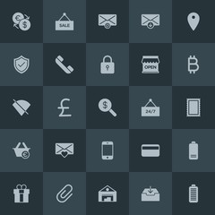 Modern Simple Set of money, mobile, email, shopping Vector fill Icons. Contains such Icons as birthday,  energy,  storehouse,  money, mail and more on dark background. Fully Editable. Pixel Perfect.