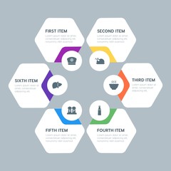 Flat geometric food, health, hotel, drinks infographic steps template with 6 options for presentations, advertising, annual reports.