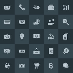 Modern Simple Set of money, mobile, email, shopping Vector fill Icons. Contains such Icons as  cash, cart,  exit, money,  buy,  3g,  wallet and more on dark background. Fully Editable. Pixel Perfect.