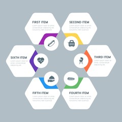 Flat geometric food, health, hotel, drinks infographic steps template with 6 options for presentations, advertising, annual reports.