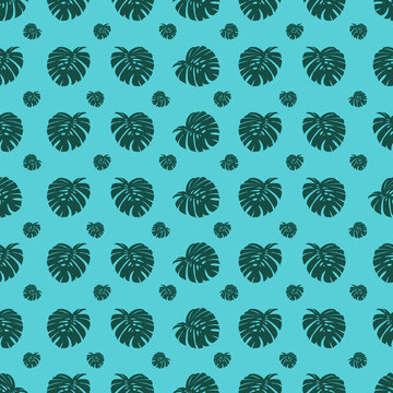 Tropical plant seamless pattern with leaves on turquoise background