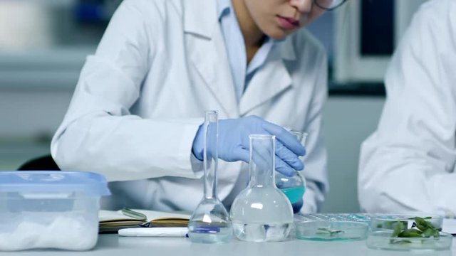 Young female chemist studying liquids from test tubes and mixing them in Erlenmeyer flask when working in laboratory