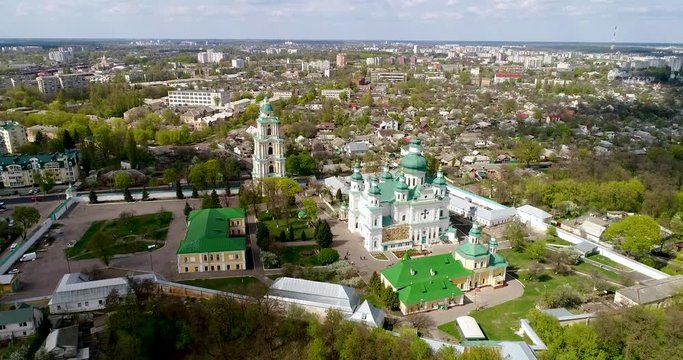 Aerial view at the town from the top of the highest buildings in Chernigov - Troitsko-Ilyinsky Monastery bell tower.
