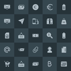 Modern Simple Set of money, mobile, email, shopping Vector fill Icons. Contains such Icons as  euro,  usd,  phone, call,  date,  business and more on dark background. Fully Editable. Pixel Perfect.