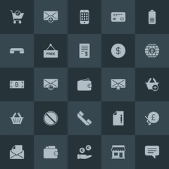 Modern Simple Set of money, mobile, email, shopping Vector fill Icons. Contains such Icons as  send,  store, document, upload,  graph,  web and more on dark background. Fully Editable. Pixel Perfect.