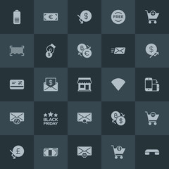 Modern Simple Set of money, mobile, email, shopping Vector fill Icons. Contains such Icons as cart, money,  end, battery,  buy,  currency and more on dark background. Fully Editable. Pixel Perfect.