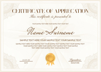 Certificate, Diploma of completion (design template, white background) with Frame, Border, light Guilloche pattern (watermark) and gold emblem, golden medal