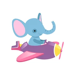 Fotobehang Olifant in een vliegtuig Blauwe olifant die op klein vliegtuig vliegt. Wild dier met grote oren en lange slurf. Grappige vliegtuigpiloot. Platte vector voor kinderkamer decor, sticker of ansichtkaart