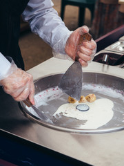 Fried ice cream roll. cooking open kitchen