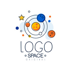 Space logo original, exploration of space label with solar system vector Illustration on a white background