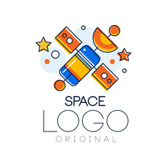 Naklejka premium Space logo original, exploration of space label with satellite vector Illustration on a white background