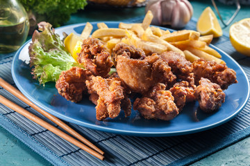 Crispy chicken karaage served with french fries