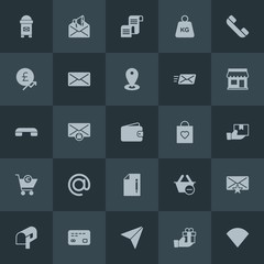 Modern Simple Set of money, mobile, email, shopping Vector fill Icons. Contains such Icons as  payment,  red,  network,  letter,  internet and more on dark background. Fully Editable. Pixel Perfect.