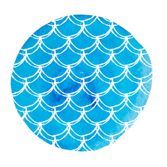 Mermaid tail on watercolor background. Bright colors. Fish scale banner and invitation. Girl underwater and sea pattern. Hand drawn round backdrop with mermaid tail ornament. Blue vector. © Holo Art