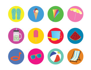 Summer icons on color circles