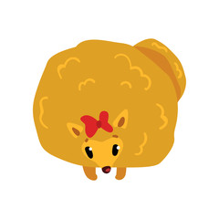 Funny furry pomeranian spitz dog character with red bow cartoon vector Illustration on a white background