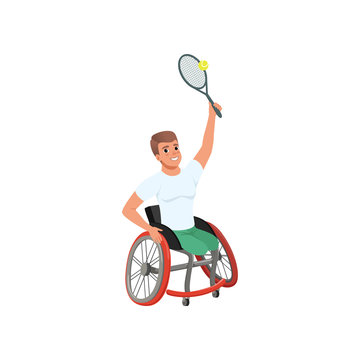 Sportsman with physical disabilities playing tennis. Young cheerful man without legs sitting in wheelchair. Flat vector design