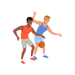 Fototapeta na wymiar Two guy playing in basketball. Active lifestyle. Yyoung cheerful men in sportswear. Flat vector design