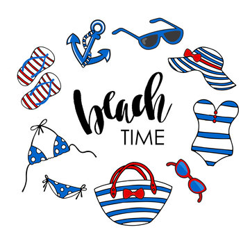 Beach Time Vector Illustration. Swimsuit, Eyeglasses, Anchor, Flipflops, Tote Bag And Beach Hat On White Background.