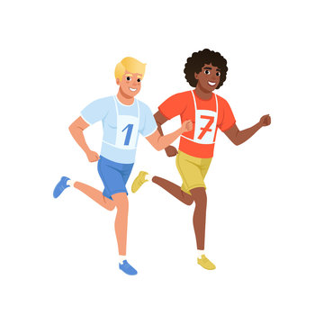Two guys running marathon. Young men in sportswear with number on chest. Active and healthy lifestyle. Flat vector design