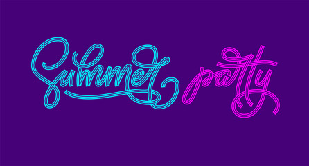 Summer party typography. Pink and blue letters with ultraviolet neon glow. Vector letterong for banner, poster, flyer, card, postcard, cover, brochure.