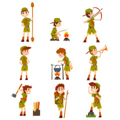 Boy scouts set, boys in scout costumes with hiking equipment, summer camp activities vector Illustrations on a white background