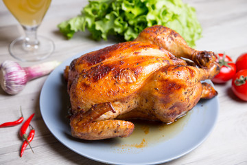 Chicken baked whole. Selective focus, close-up.