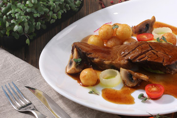 juicy steak with potato with copy space