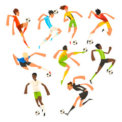 Fototapeta na wymiar Soccer player set, football athletes playing, kicking, training and practicing vector Illustrations on a white background