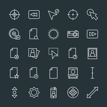 Modern Simple Set of video, photos, cursors, files Vector outline Icons. Contains such Icons as  background,  phone, player, light,  success and more on dark background. Fully Editable. Pixel Perfect.