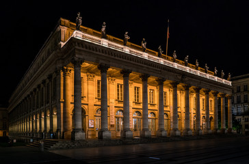 Bordeaux, France, 10 may 2018 -The grand Opera House 'Grand Théâtre de Bordeaux' at night on the Main square 'Place de La Comedie' in the center of town