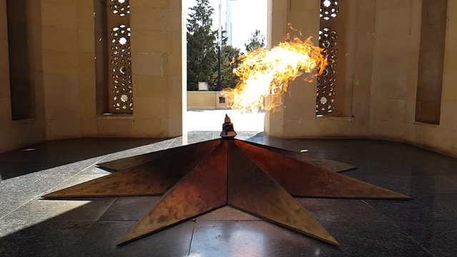Baku, Azerbaijan - April 2018: Eternal flame in Baku, Azerbaijan with slow motion