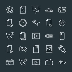 Modern Simple Set of video, photos, cursors, files Vector outline Icons. Contains such Icons as  hand, microphone,  click,  point,  block and more on dark background. Fully Editable. Pixel Perfect.